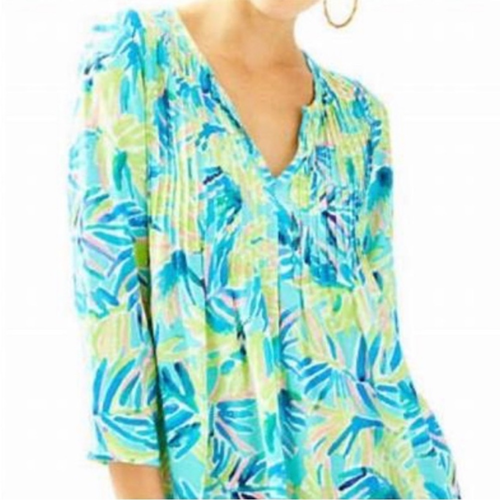 Lilly Pulitzer Daylen Blouse Top Palm Leaves Blue Green Size Large